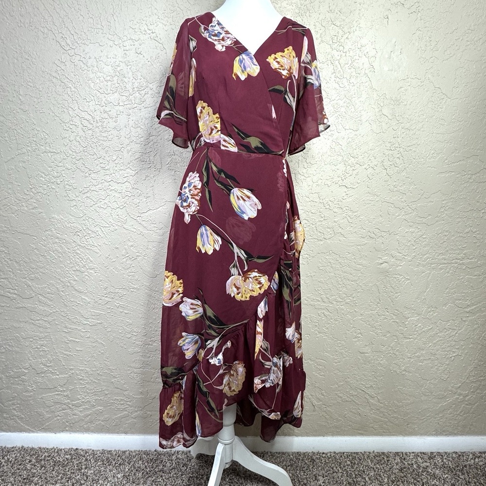 Romantic Floral Maxi Dress Burgundy Faux Wrap Size XS Boho Fairy Cottage Ruffle